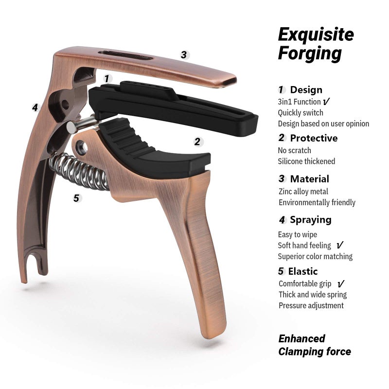 TANMUS 3in1 Guitar Capo for Acoustic and Electric Guitars(with bag&picks)-Strings Accessories-Bronze - Image 4